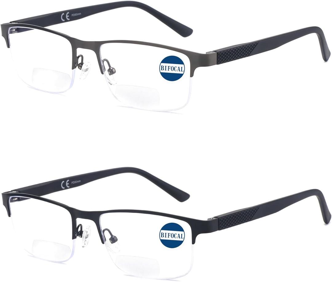 Missfive 2 Pack Mens Bifocal Reading Glasses, Blue Light Blocking Far Near Dual-use Readers, Durable Spring Hinge Quality Metal Frame Eyeglasses 2.5x, Black & Gunmetal