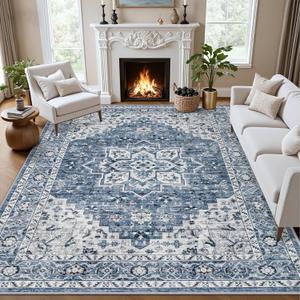 5x7 Area Rugs Living Room Rug: Washable Vintage Boho Medallion Rug No Slip Stain Resistant Soft Carpet Indoor Floor Large Carpets for Bedroom Dining Room Farmhouse Nursery Hallway Home Office Blue