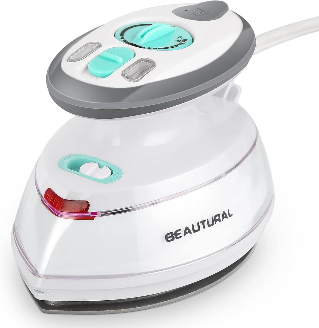 BEAUTURAL Mini Travel Steam Iron for Clothes with Dual Voltage, Temperature Control, NonStick Soleplate and Cord Storage, Ideal for Sewing, Quilting and Handcraft
