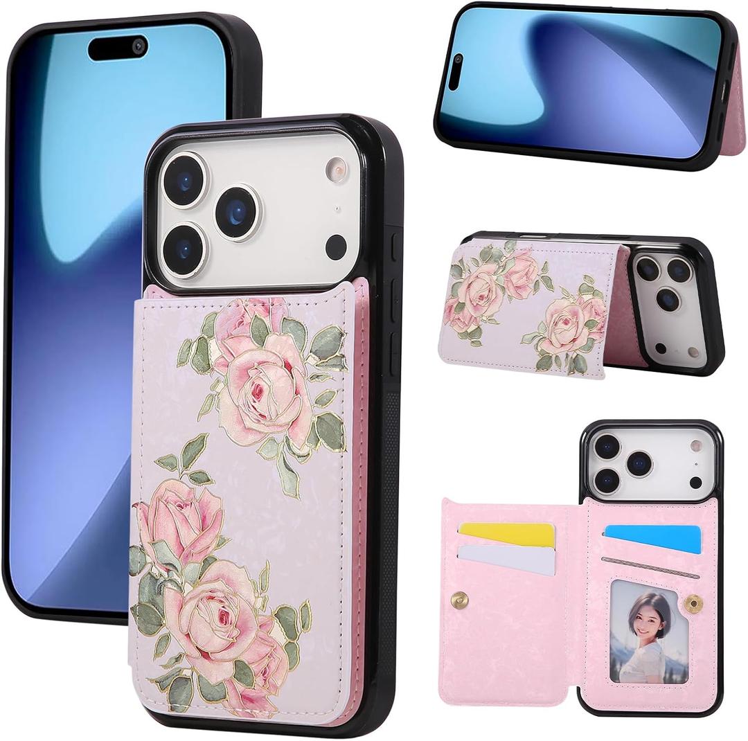 UEEBAI Wallet Case for iPhone 17 Pro with Card Holders, PU Leather Floral Cover Kickstand RFID Blocking Double Magnetic Clasp Rilievo Flower Flip Case for Women Girls - Rose Flower
