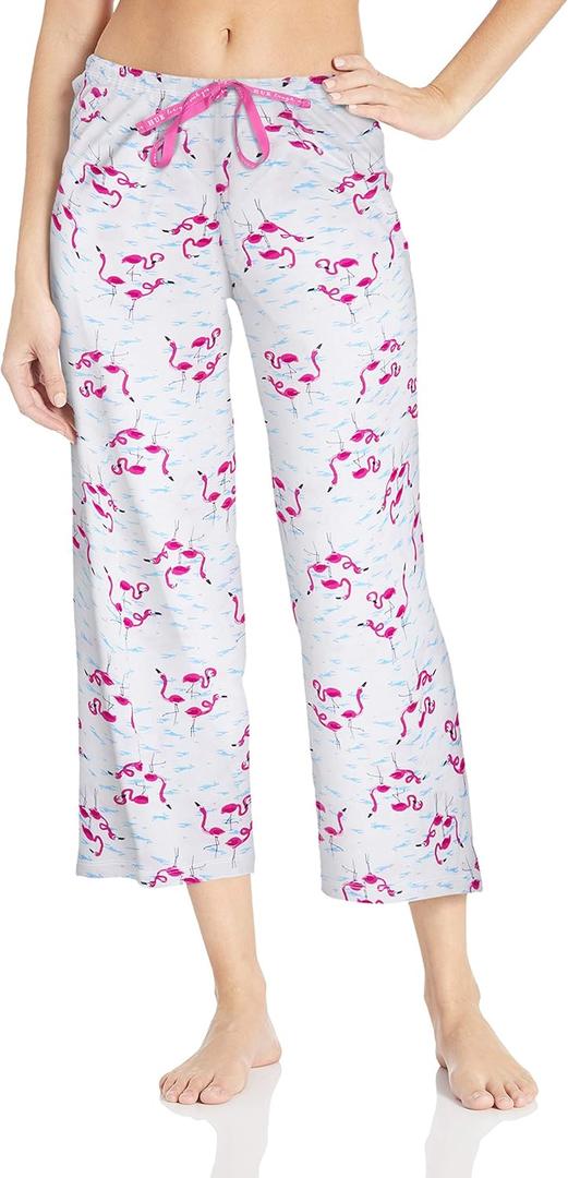 HUE Womens Printed Knit Long Pajama Sleep Pant (Medium, White - Flamingals)