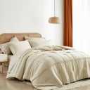 Yogeneg King Size Comforter Set 7 Piece Bed in a Bag, Grid Pinch Pleat Beige Bedding Set, Striped Textured Soft Microfiber Comforter with Sheet Set, All Season Complete Bed Set(Beige, King)