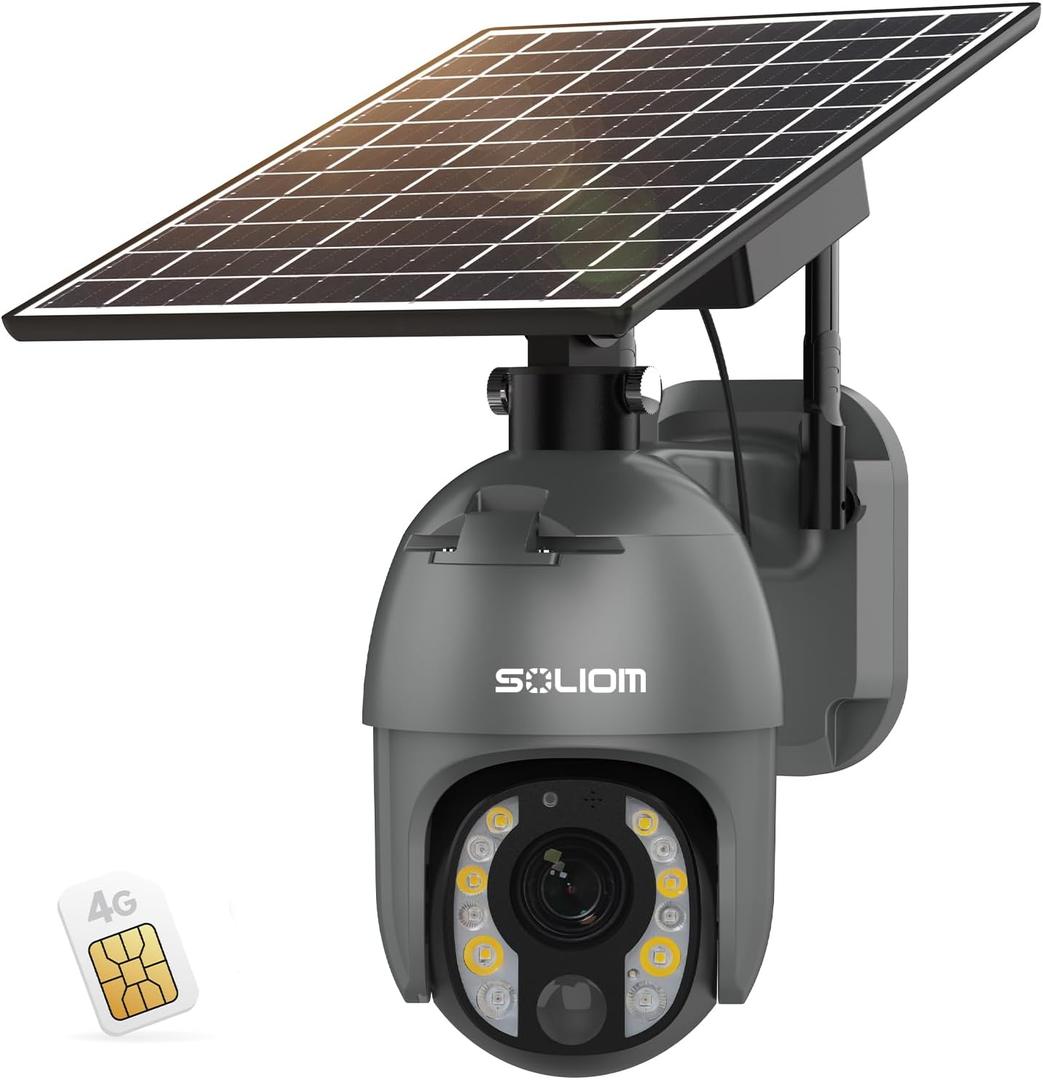 SOLIOM Security Cameras Wireless Outdoor, 5MP 4G LTE Cellular Security Camera with 10X Optical Zoom, Battery and Solar Powered, Human Detection, Auto Tracking, and Spotlight Color Night Vision