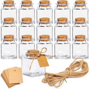 BLUE PANDA 15 Pack Small Glass Bottles with Cork Stoppers - Mini Jars with Cork Lids, Twine, and Blank Tags for Crafting & Spices - Small Bottles 1.7 Oz (50ml)