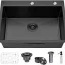 304 Stainless Steel Black Bar Sink, 24 X 18 Inch Drop In RV Kitchen Sink Modern Deep Single Bowl Topmount Wet Workstation Sink with Dish Grid & Drain, 24"x18"x9"