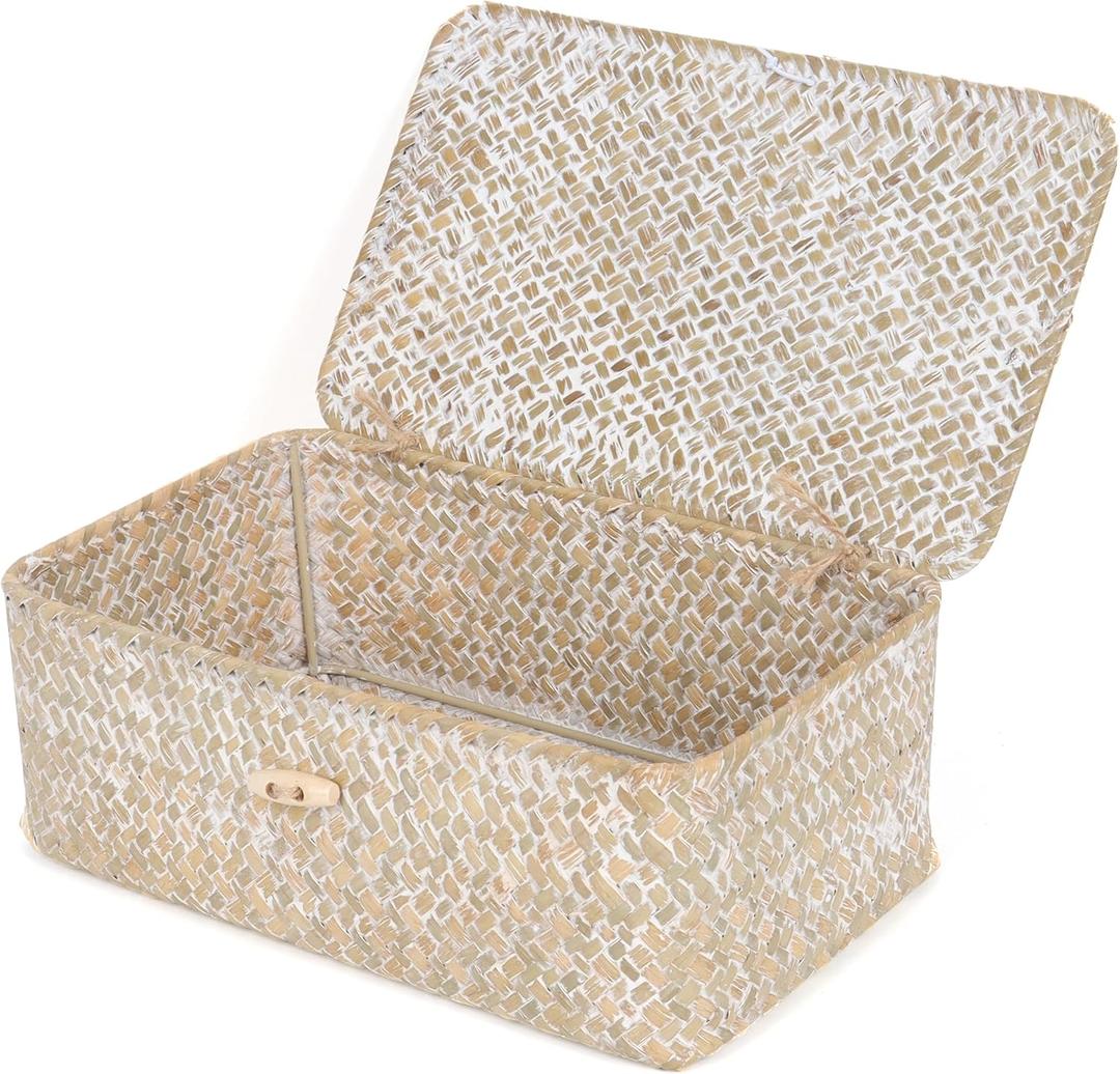 FEIALNDUO Wicker Shelf Baskets with Lid,Seagrass Storage Basket Bins Rectangular Handwoven Basket Boxes for Shelves Desktop Home Organizer (Whitewash, Small)