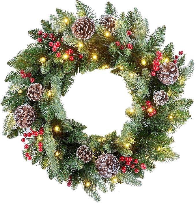 24 Inch Prelit Christmas Wreath, Artificial Christmas Wreath for Front Door , Pine Cones, Pine Needles, and Red Berries, Reef for Door Window Mantel Indoor/Outdoor Home Decoration