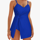 GRACE KARIN Women's One Piece Swim Dress V Neck Tummy Control Swimsuit Vacation Beachwear Bathing Suit, Size XL, Blue