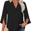 Findsweet Womens Tops Dressy Casual Summer Ruffle 3/ 4 Sleeve V Neck Chiffon Blouses Tunics Tops 3XL, Black