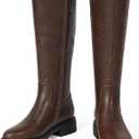 Knee High Boots for Women Round Toe Women's Fashion Tall Riding Boots Chunky Platform Long Flat Boot with Side Zipper Low Heel Block Fall Boot (6, Brown Pu)