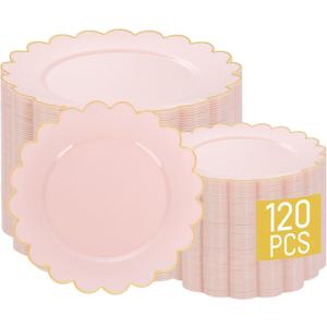 LIYH 120 Pcs Pink Plastic Plates Disposable Set Includes 60 Dinner Plate 10.25" & 60 Dessert Plate 7.5" with Elegant Gold Rim for Party Birthday Baby Shower Easter