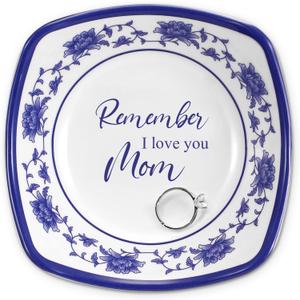 Mothers Day Mom Gifts from Daughter Son Ceramic Ring Dish Jewelry Tray Decorations Blue White Trinket Dish Ring Holder Remember I Love You Mom for Wife Grandma Stepmother Women