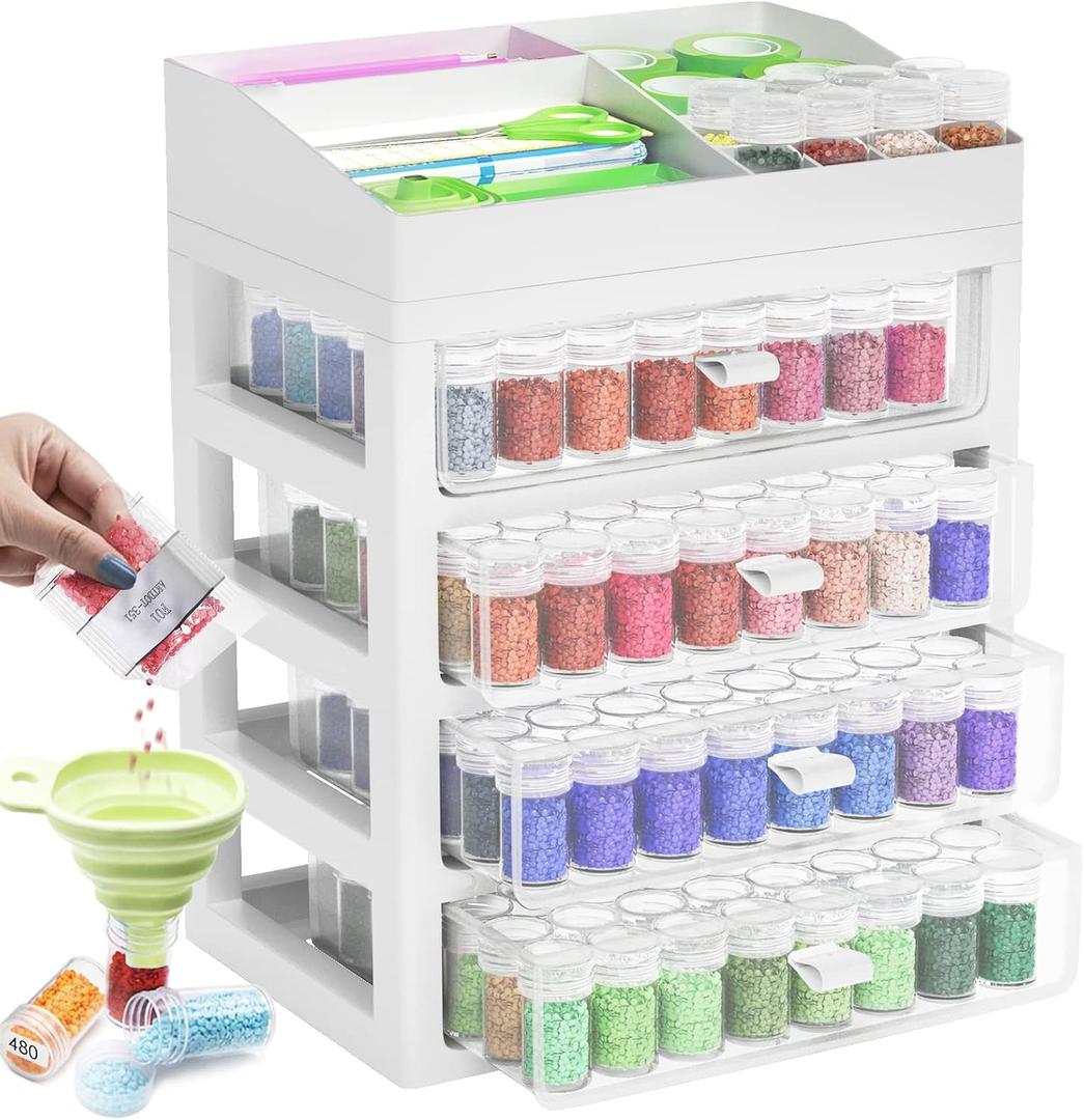 ARTDOT Storage Containers for Diamond Painting Accessories, Art Bead Organizer 4 Drawers with 192 Slots Storage Bottles and Diamond Painting Tools and Kits Rack with Funnel