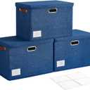17" Large Collapsible Storage Bins with Lids, Stackable Closet Organizers with PU Handle and Labels, 3-Pack Decorative Fabric Storage Boxes for Home, Bedroom, Closet, Office, Nursery(Navy)