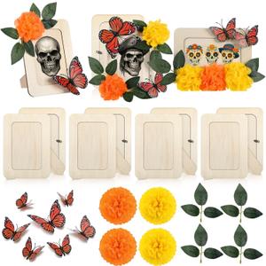 68 Pcs Dia De Los Muertos DIY Picture Frames Day of The Dead Photo Frame for Ofrenda Altar Wooden DIY Day of The Dead Decorations Craft Kit Monarch Butterfly for Tabletop Display Accessories