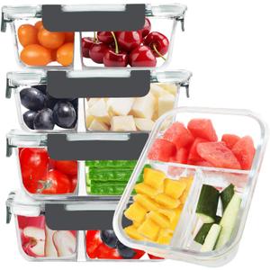 BAYZZ 5 Pack 35 Oz Glass Meal Prep Containers 3 Compartments, Glass Food Storage Containers, Lunch Bento Box with Airtight Lids, Microwave, Freezer & Dishwasher Safe (Gray)