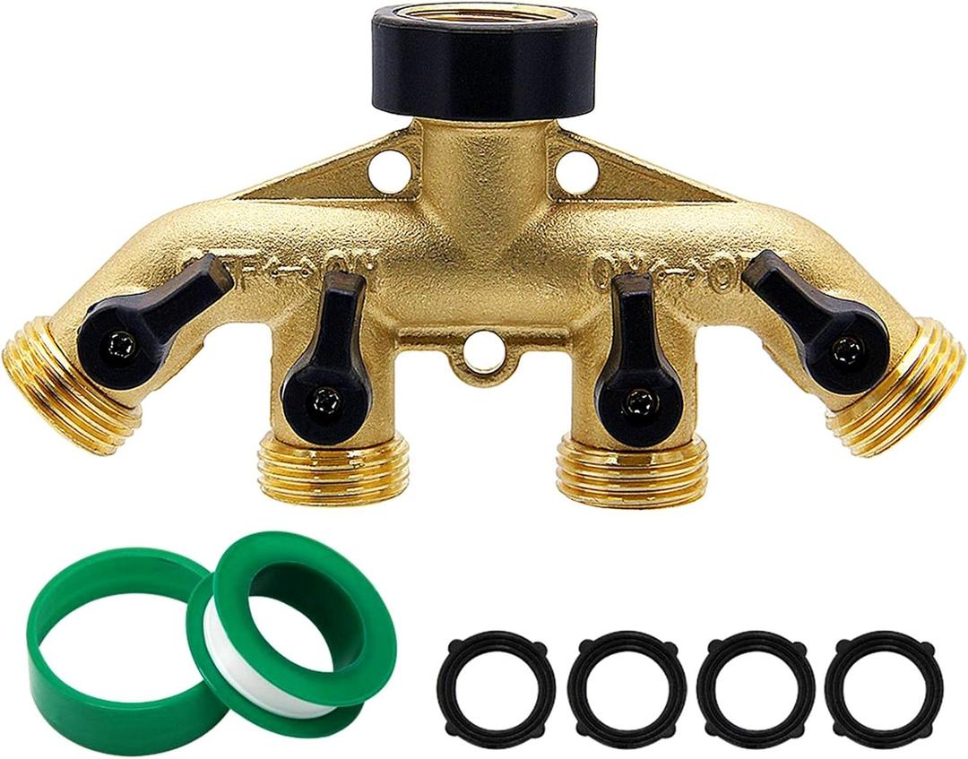 Biswing 4 Way Brass Hose Splitter, 3/4" Brass Hose Faucet Manifold, Garden Hose Adapter Connector, Hose Spigot Adapter with 4 Valves