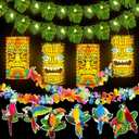 35 Pcs LED Luau Party Decor Hawaii Tropical Tiki Paper Lanterns Hibiscus Garland Monstera Leaf String Lights Birds Honeycomb Cutouts for Summer Birthday Party Decorations Supplies