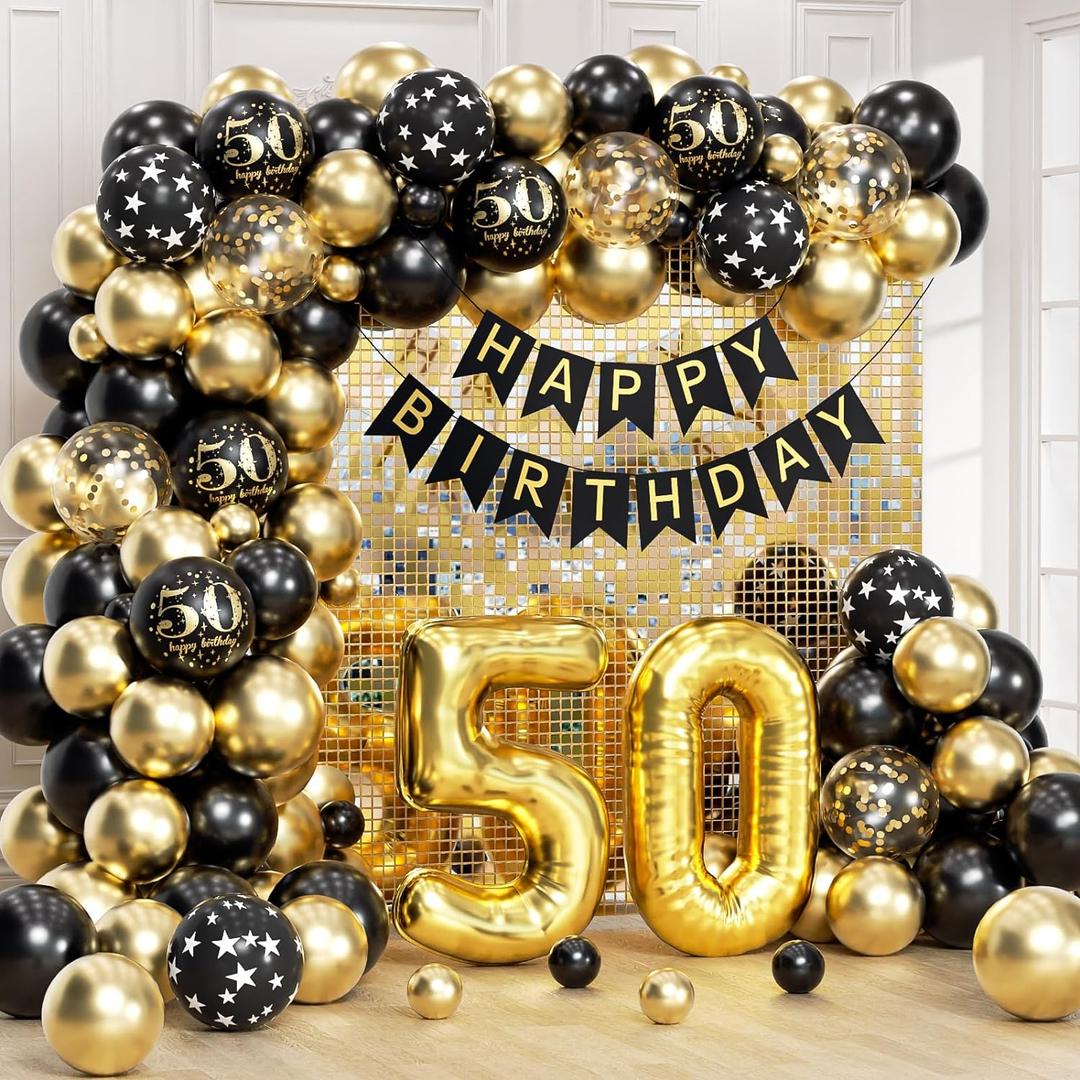 50th Birthday Decorations for Men Women with Happy 50th Birthday Decorations Banner 50 Balloon Number, Black and Gold 50th Birthday Balloons Kit for 50th Birthday Party Decorations