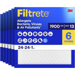 Filtrete 24x24x1 Air Filter, MERV 13 MPR 1900, Allergens, Bacteria, Viruses & Air Pollutants, 3-Month AC/Furnace Filters, Cleaner Air Reliable Airflow, 6 HVAC Filters(Act Size 23.81x23.81x0.78 in)