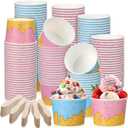 Potchen 100 Pack Ice Cream Bowls Disposable 11 oz Paper Dessert Cups with Wooden Spoons Sundae Soup Containers for Summer Ice Cream Party Supplies Favors(Classic Style)