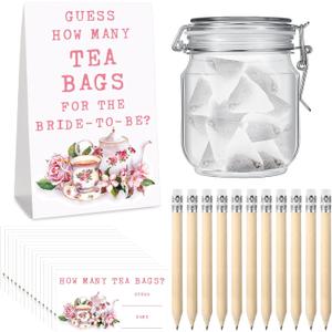 72 Pcs Bridal Shower Tea Party Favor Game Prizes 1 Guessing How Many Tea Bags Sign 50 Guessing Game Cards with 20 Pencils and 1 PET Jar for Guests Wedding (No Tea Bag)