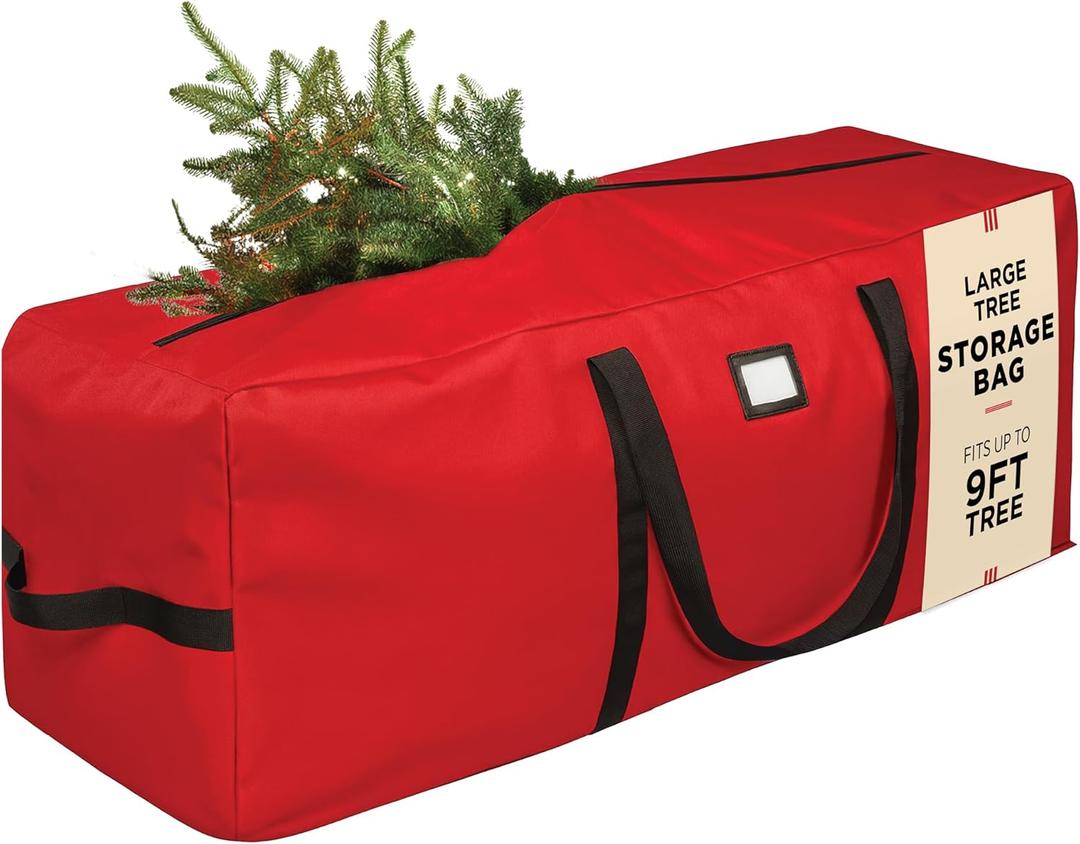 PEULEX 9 Foot Christmas Tree Storage Bag, Extra Large Artificial Tree Storage Container, Tree Holder Bag, Wear-Resistant 600D Oxford Fabric, Lightweight, Reinforced Thick Handles, Card Slot (Red)