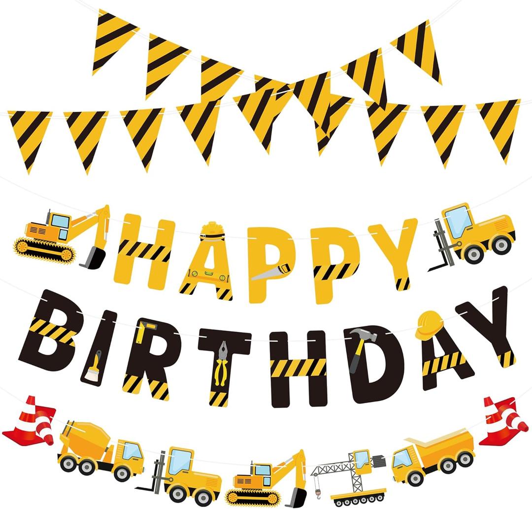 Construction Birthday Banners Vehicle Truck Paper Garlands Construction Pennant Flags Bunting Banners Happy Birthday Party Decor for Boys Construction Theme Birthday Party Decorations, Set of 5