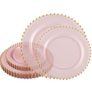 PLASTICPRO 32 Piece Combo Plastic Dinner Plates Disposable Plastic Fancy Heavy Duty Party Dishes 7 inch and 10 inch, Translucent Pink and Gold Beaded