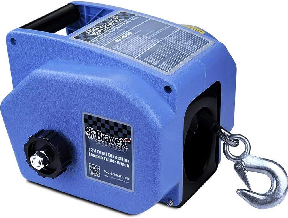Bravex Trailer Winch 6000LBS, Reversible Portable 12-Volt DC Electric Winch Boat Trailer Truck Power-in, Power-out (Corded Remote Control & Hand Crank) (Blue)