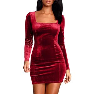 cailami Women's Sexy Bodycon Long Sleeve Velvet Elegant Mini Homecoming Party Dresses (Red, M)
