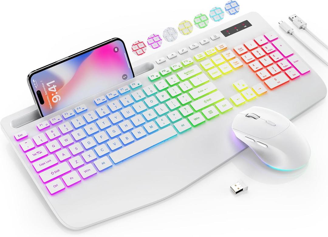 Wireless Keyboard and Mouse Combo, 9 Backlit Effects, Wrist Rest, Phone Holder, 2.4G Lag-Free Ergonomic Keyboards, Rechargeable Silent Cordless Set for Computer, Laptop, Mac, Windows -SABLUTEWhite (Cloudy White)
