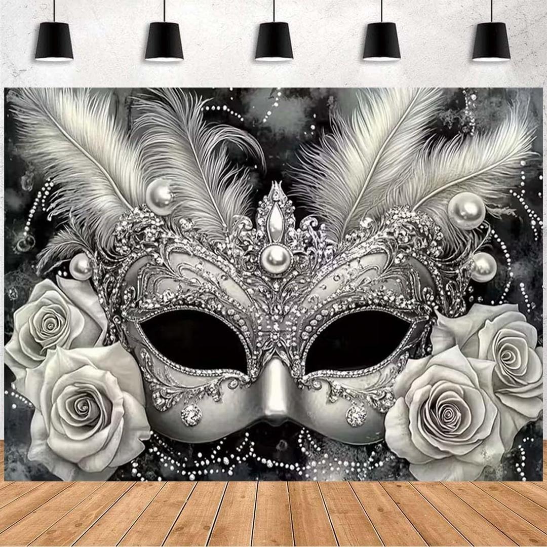 Masquerade Happy Birthday Backdrop Black Sliver Masquerade Party Photography Background Silver Mask White Rose Backdrop for Fiesta Mardi Gras Event Dance Photo Background (Black, 7x5feet)