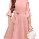 WIFFGO Girls Fall Winter Dresses Formal Fashion Belt Fit Knee High Modest Big Kids Midi Teen Dresses Outfits Blush Pink, 140