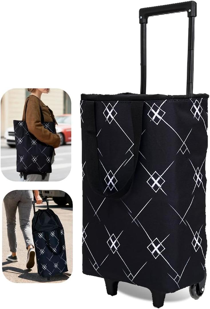 Foldable Rolling Bag, Portable Small Shopping Cart with Wheels, Collapsible Shopping Tote with Stylish Pattern for Market & Grocery RunsGift for Women & Seniors, Expandable L, Black
