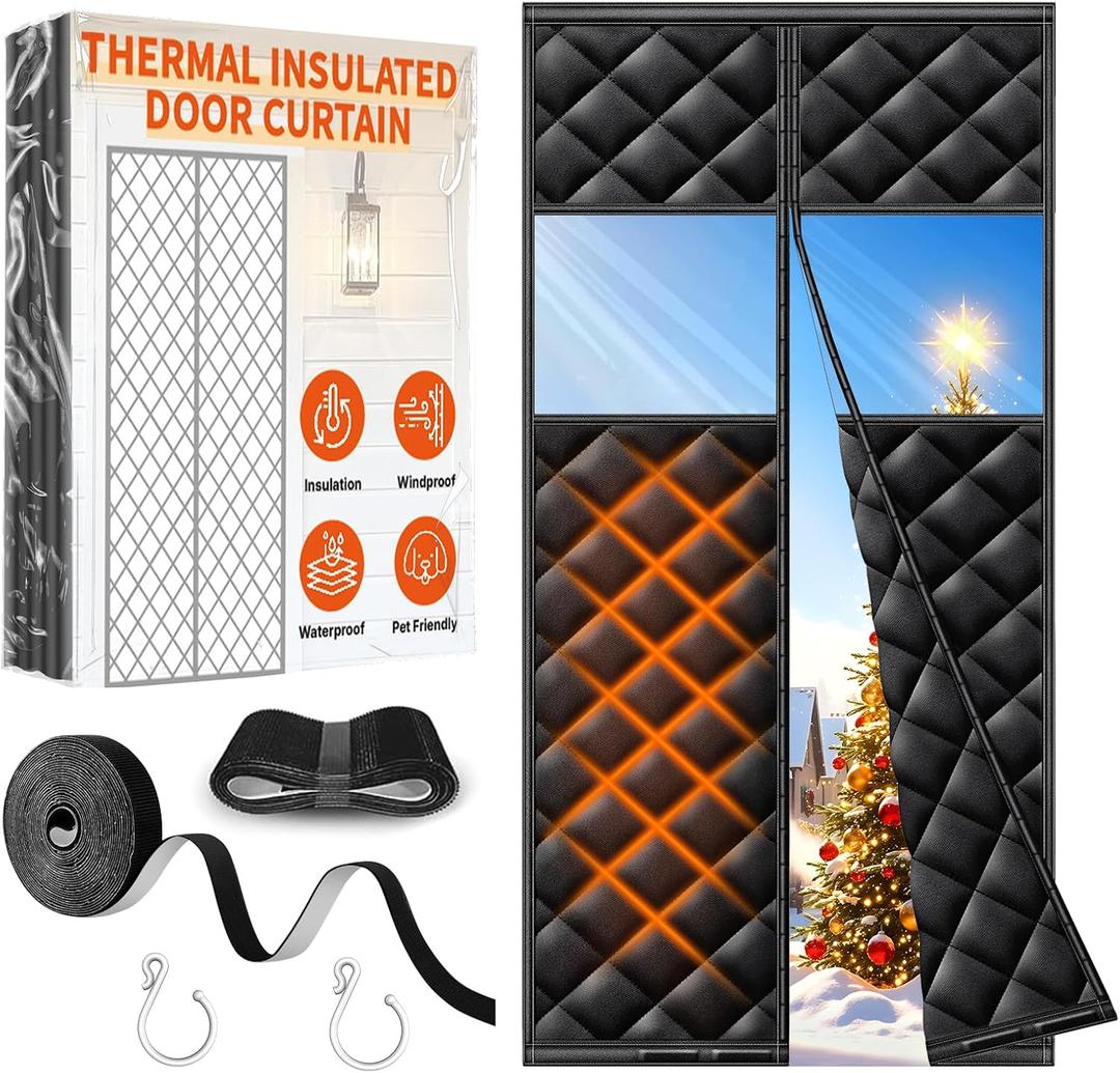 Upgraded Magnetic Thermal Insulated Door Curtain for Winter with Clear Window, Fit Door Size 32x80 in, Heavy Duty 4-Layer Oxford with Thicken Cotton, Self-Closing for Sliding Glass Doorways, Black