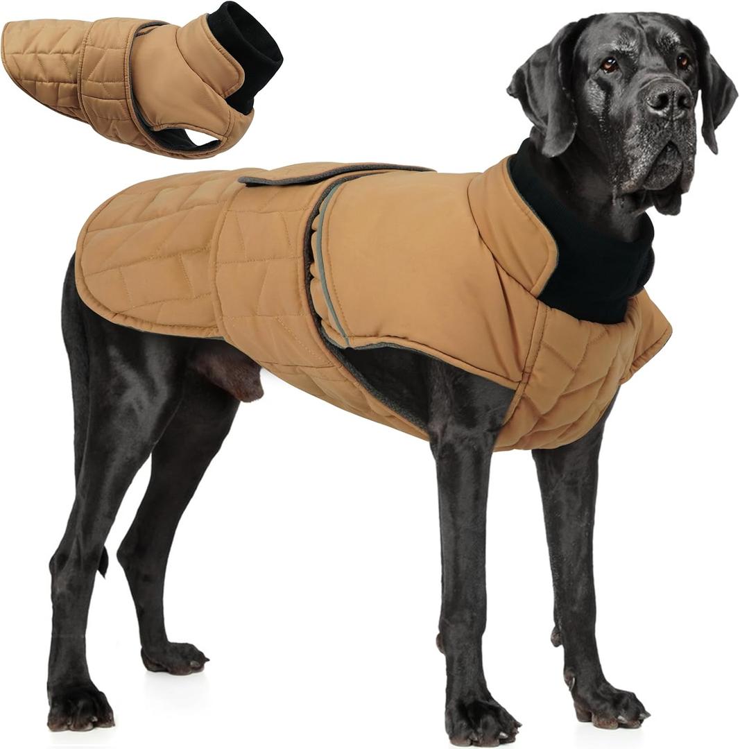 PUMYPOREITY Warm Dog Jacket, Reflective Winter Coat with Adjustable Hook & Loop, Fleece Snowsuit with Turtleneck, Water Resistant Cold Weather Coats for Small Medium Large Dogs, 2XL, Khaki
