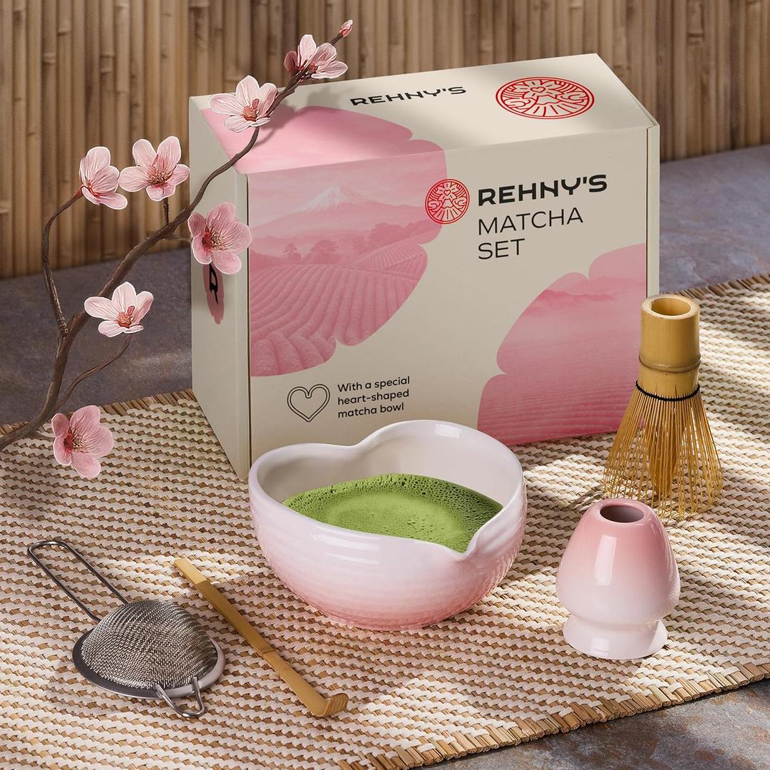 Rehnys Matcha Whisk Set | Complete Pink Matcha Set w/Heart-Shaped Bowl, Bamboo Whisk, Holder, Stainless Steel Sifter, Bamboo Scoop | Cute Gift Present Macha Kit Handmade Bowl | Macha Powder Tea Kit