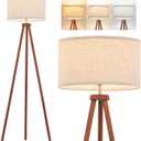 ELYONA Wood Tripod Floor Lamps with 3 Color Temperatures LED Bulb Vintage Standing Light Beige Linen Shade Tall Floor Lamp for Bedroom Living Room Office Study Room, Brown & Nickel Metal