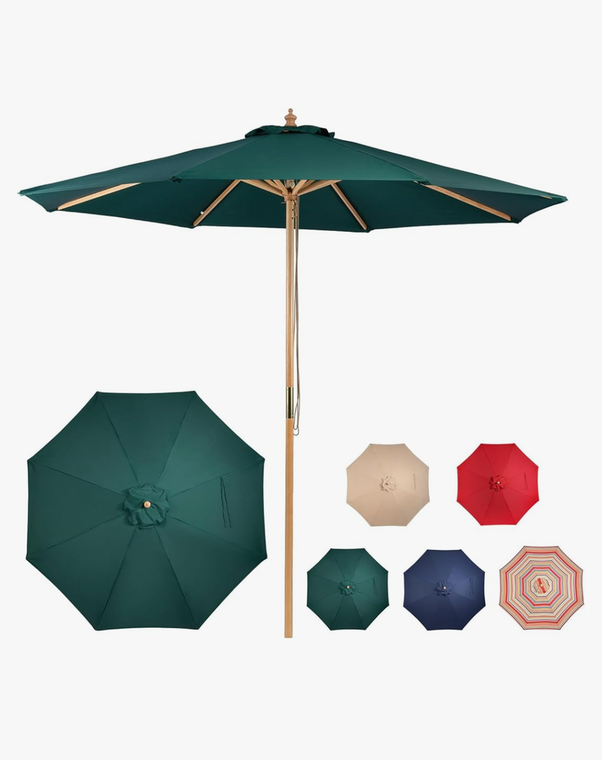 9ft Wooden Umbrella, Outdoor Patio Umbrella, Wood Market Umbrella, Patio Umbrella Wood Pole with Pulley Lift for Garden, Yard, Deck, Pool, Market