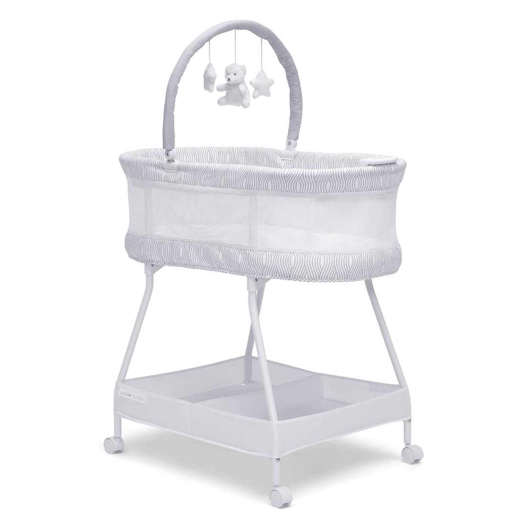Delta Children Curve Bassinet, White/Grey, 
Product Dimensions	32"L x 20"W x 45"H
Material	fabric, Mesh