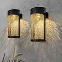 2PK Solar Outdoor Wall Lights with Crackle Glass Shade, Porch Fence Exterior Light Fixture Solar Powered Wall Scones