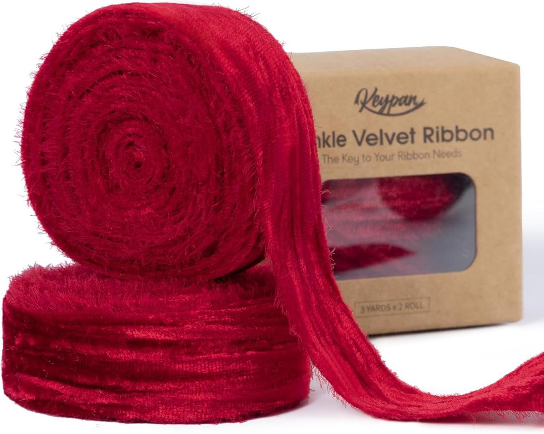 Christmas Red Ribbon 1 Inch x 6 Yd Crinkled Handmade Frayed Vintage Velvet Ribbons for Gift Wrapping Tree Home Decor Wreath Craft Ornaments, Red
