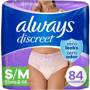 Always Discreet Adult Incontinence Underwear for Women and Postpartum Underwear, S/M, Up to 100% Bladder Leak Protection, 84 Count (Packaging May Vary) (Small/Medium)
