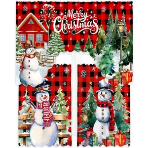 Christmas Kitchen Curtains 3 Piece Set Plaid Snowman Window Curtains and Valance Set Xmas Curtain Swag for Kitchen Bedroom Living Room Decor, 60 x 36 Valance, 36 x 30 Tier