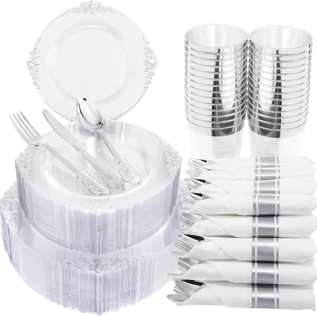 Morejoy 350PCS Clear Silver Plastic Plates - Silver Disposable Plates sets Include 50 Dinner Plates,50 Salad Plates,50 Forks,50 Knives, 50 Spoons50 Cups, 50 Rolled Napkins for Wedding & Christmas