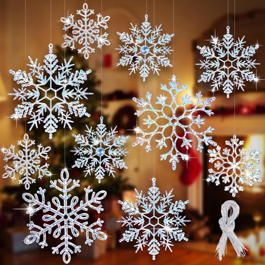 8pcs Large Snowflakes Ornaments, Plastic Glitter Snowflakes Hanging, Snowflake Decorations for Christmas Tree Winter Decorations Window Door (8pcs, Stamping)