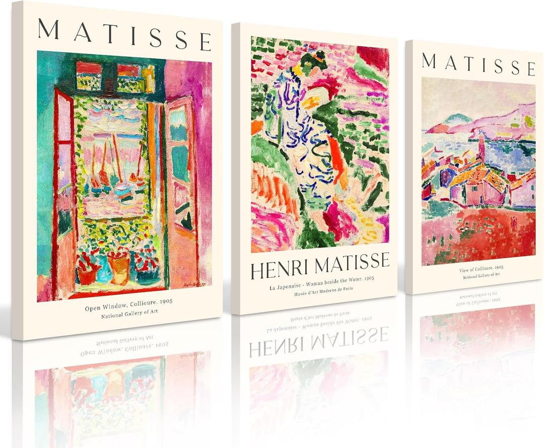 Henri Matisse Wall Art Prints Set of 3 Matisse Wall Decor Aesthetic Canvas Poster Colorful Abstract Pink Picture Vintage Flower Art Exhibition Posters for Room Bedroom 16x24x3 Inch Wrapped Canvas (24L" x 16W")