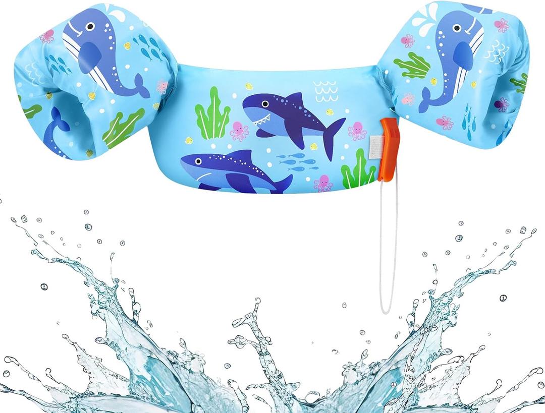 HeySplash Swim Vest for Kids, Toddler Pool Floaties, Children Swimming Vest with Adjustable Strap, Swim Jacket Water Wing Arm Float, Puddle Sea Beach Boat Jumper Boy Girl Baby (A Blue Shark)
