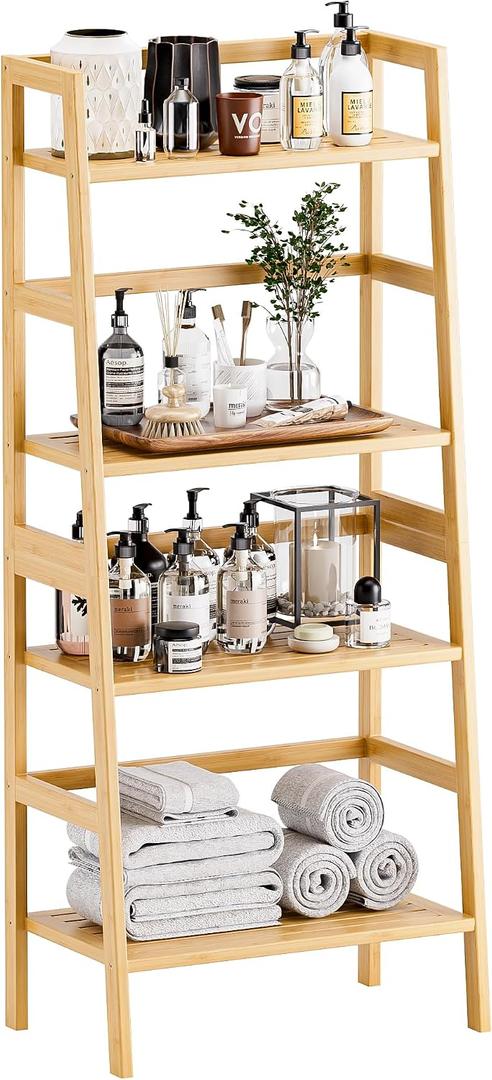 HITNET Ladder Shelf, 4-Tier Bookshelf, Bamboo Leaning Bookcase, Display Storage Rack Organizer, Freestanding Flower Plant Stand for Living Room, Home Office, Kitchen, Natural, 12.6" D X 20.87" W X 49.21" H